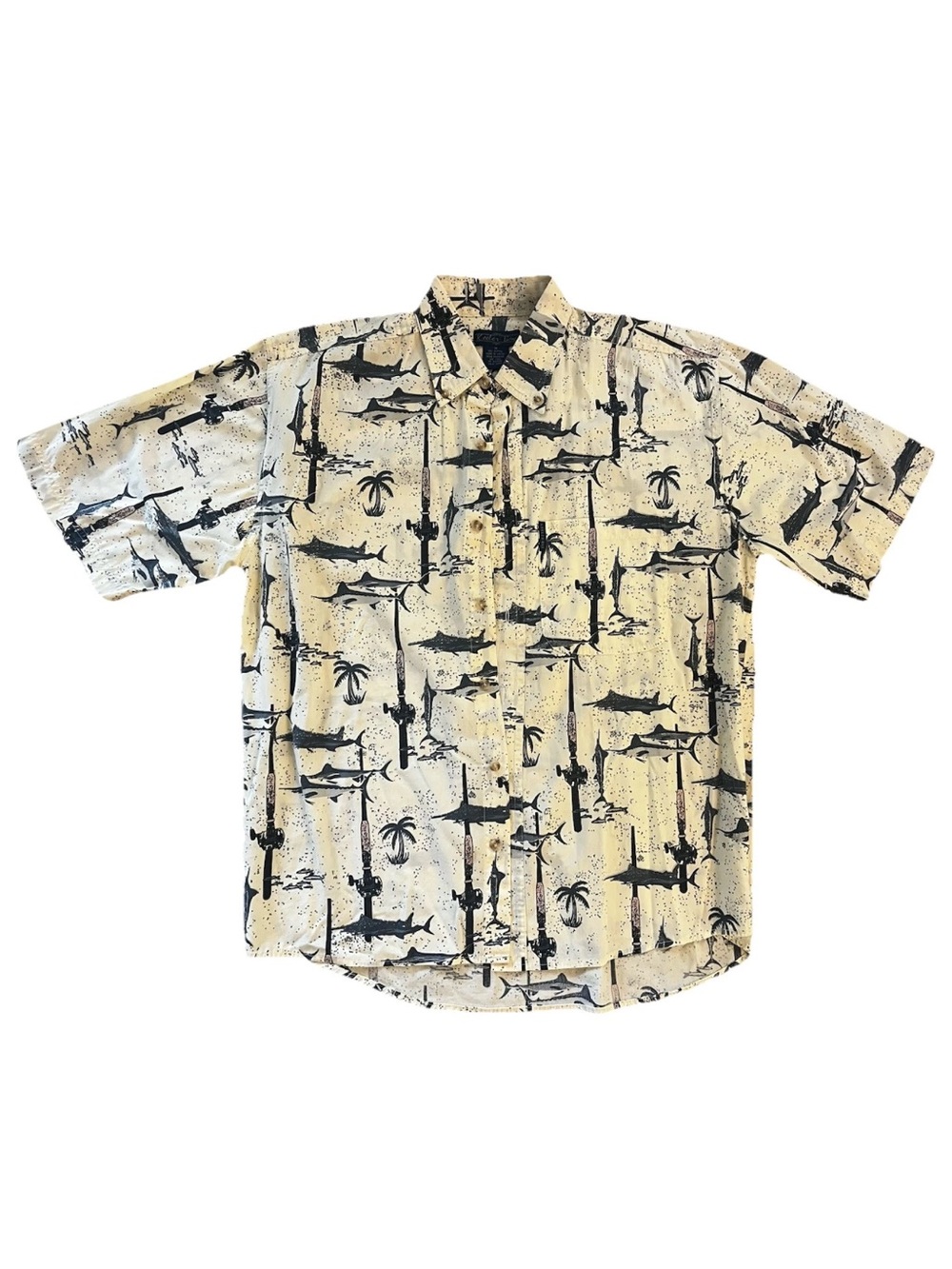 Keeler Bay Men’s M Beige Black Swordfish Fishing Poles Cotton Button-Down Shirt